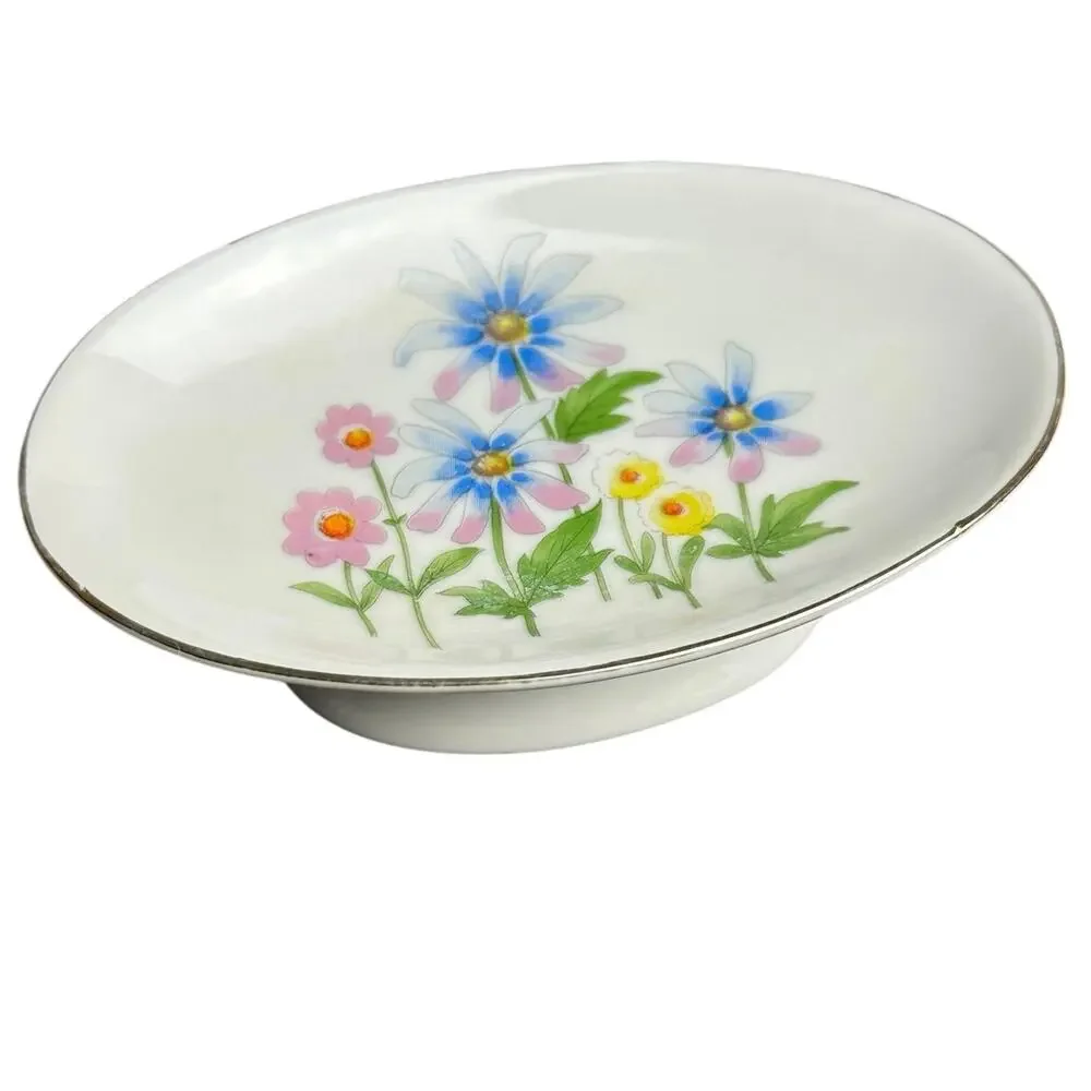Vintage porcelain pedestal soap dish oval floral cottagecore Victorian pastel 5”